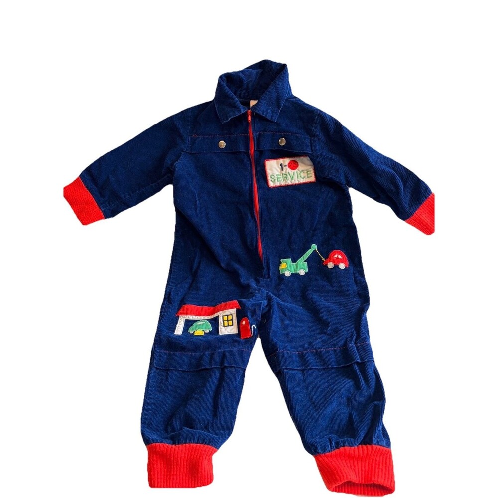 Vintage Baby Mechanic Coveralls | Blue Corduroy | 6–12 Months | Zipper